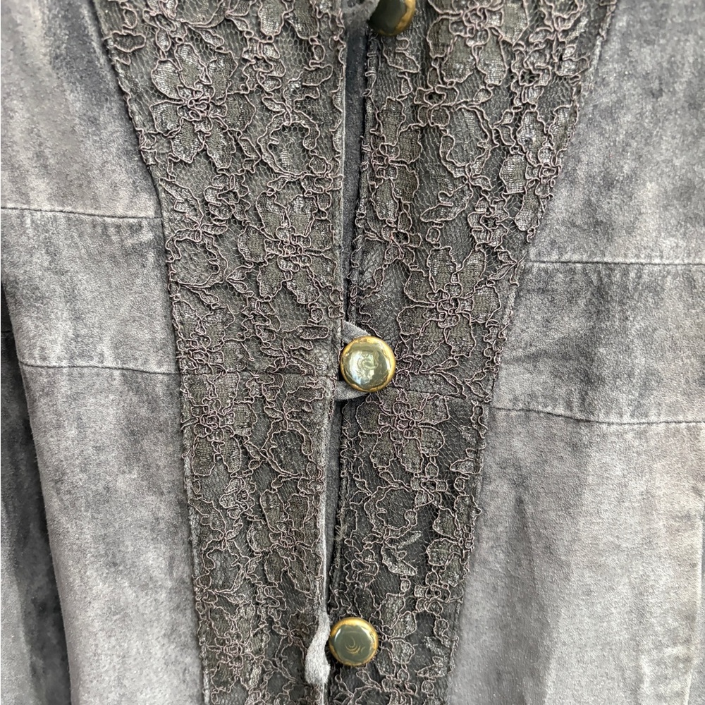 Terry Lewis Coat Navy Leather
Suede Buttons Lace Trim
Pockets Lined Size M - Picture 4 of 11